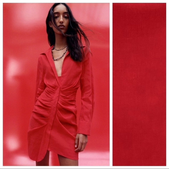 NWT. Zara Red Draped Linen Blend Mini V-neckline Dress. Size L. - Picture 1 of 7